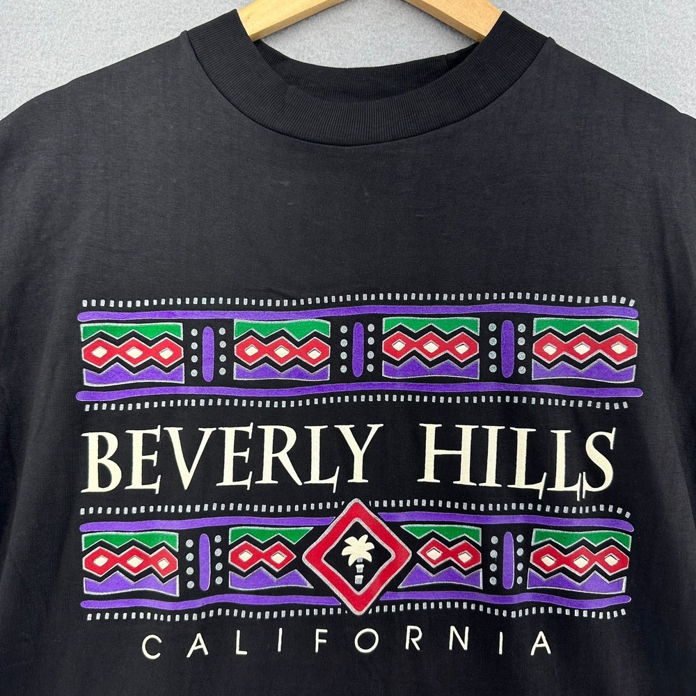 90s Beverly Hills California‎ Aztec Palm Tree Single Stitch Black T-Shirt L VTG